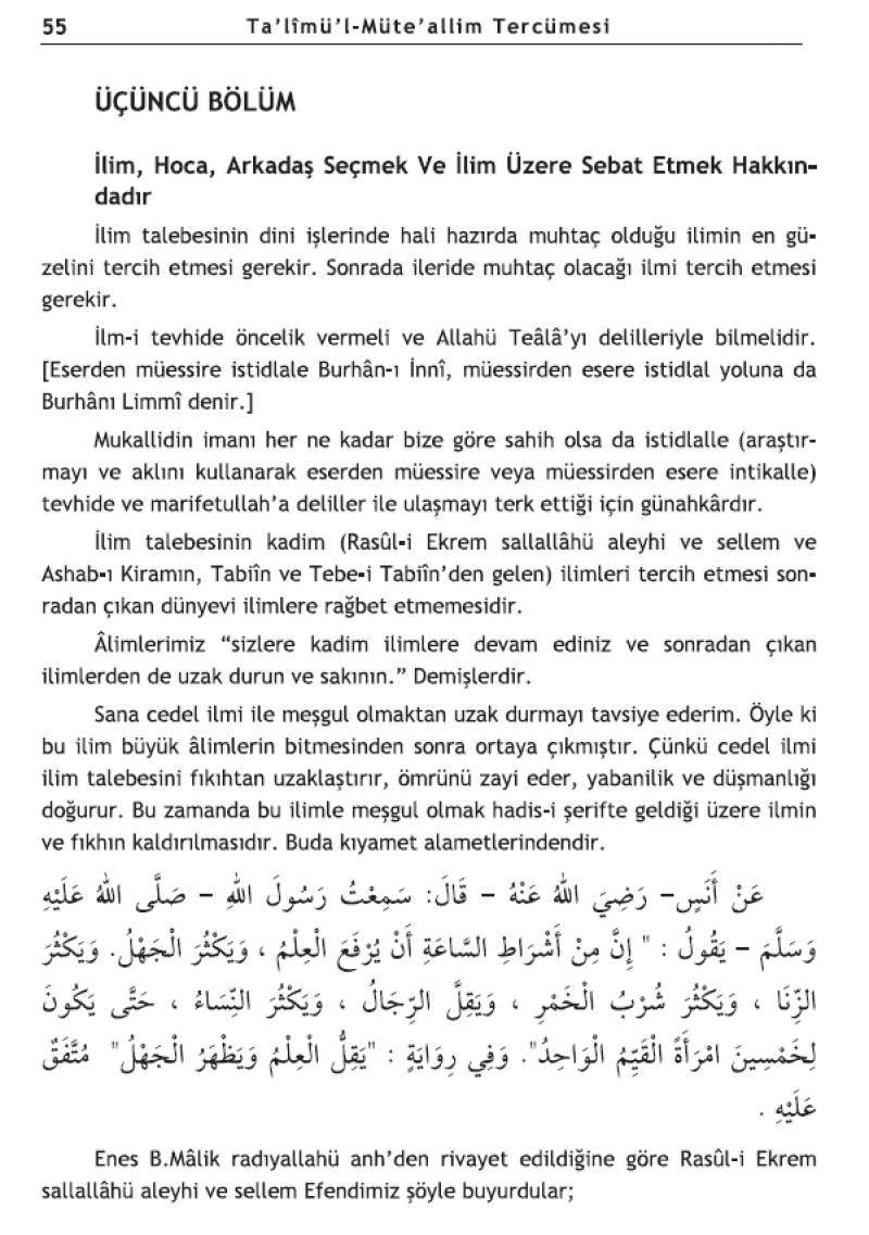 Talimül Müteallim Tercümesi ve Arapçası
